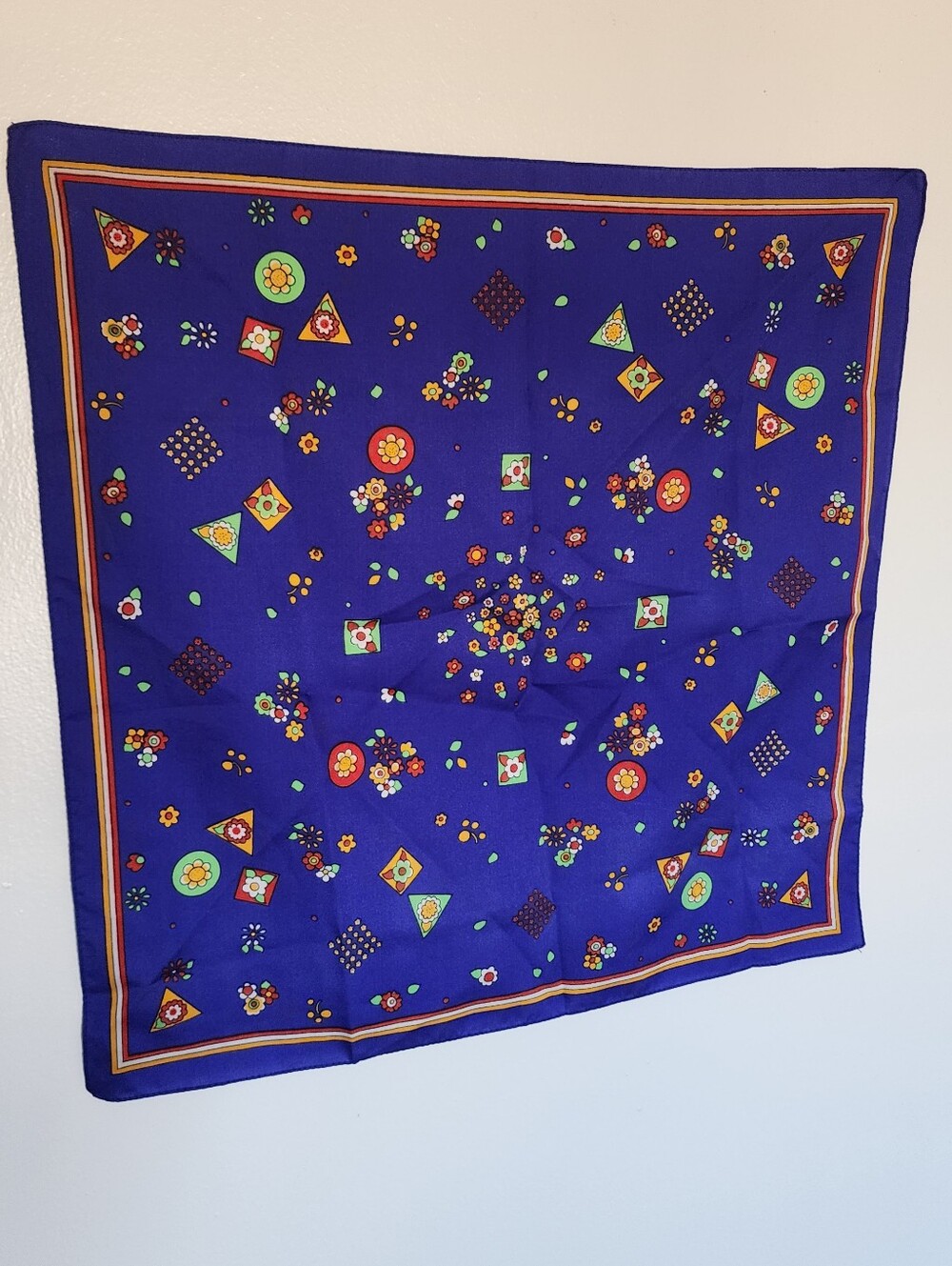 1970s Purple Multicolor Floral Square Satin Scarf Bandana Rolled Edge 21" x 21"